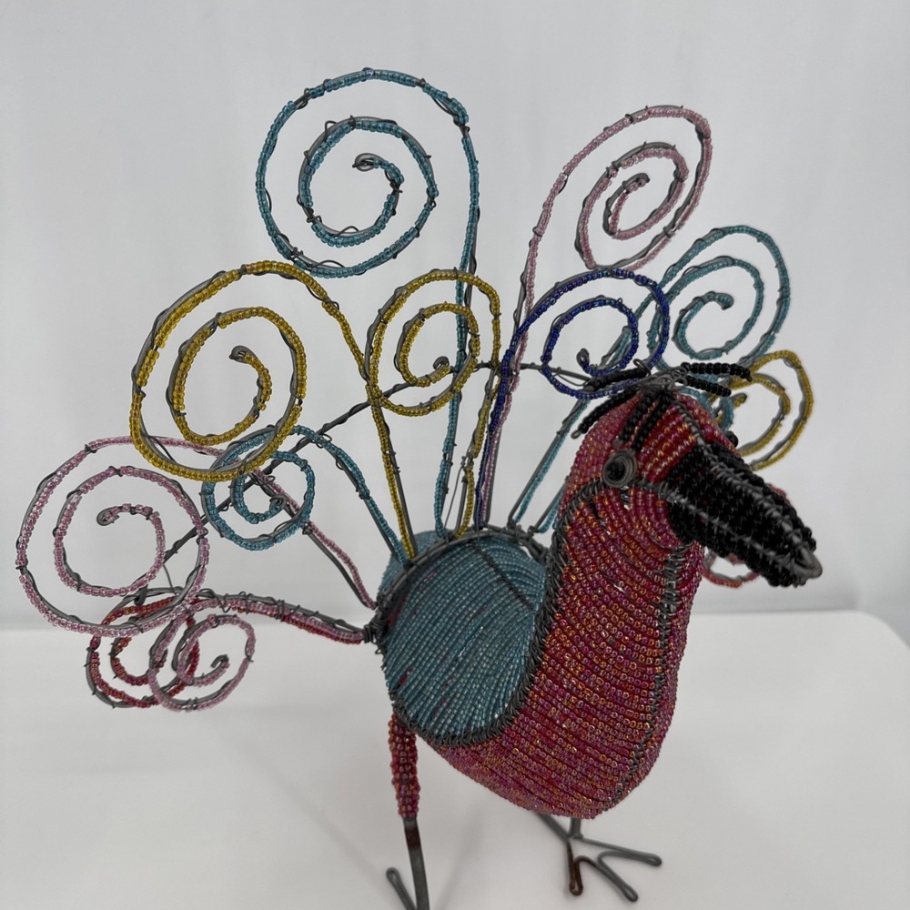 Beadworx Beaded Peacock Figurine Wire and‎ Bead Art Freestanding Bird - Picture 2 of 13